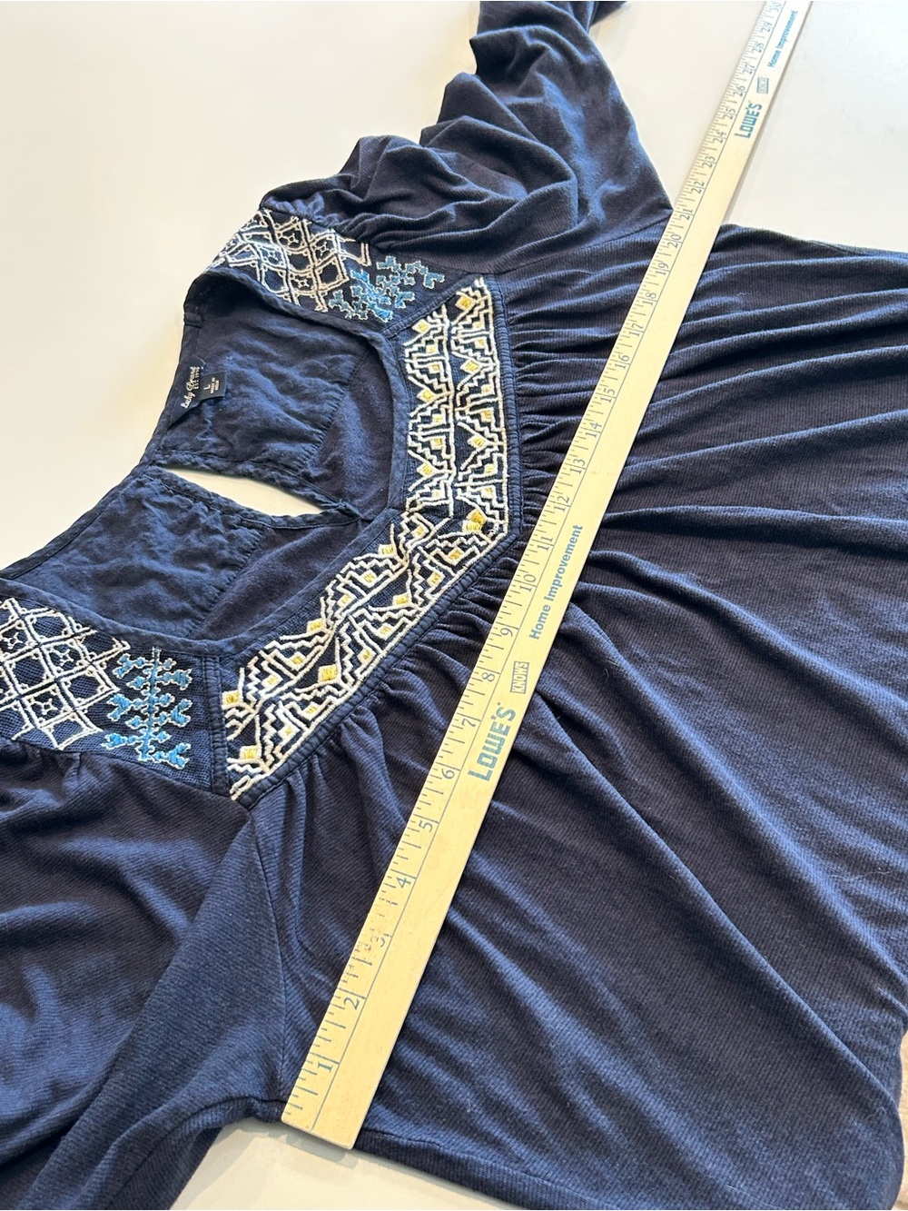 Lucky Brand Navy Embroidered Yoke Tunic Top Size Large Cotton Blend 3/4 Sleeve - Picture 10 of 16
